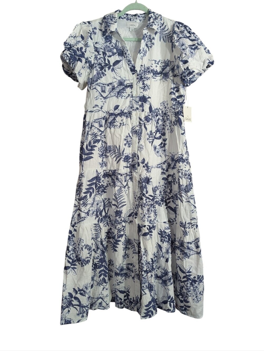 CeCe A La Plage Blue & White Toile Print Tiered Midi Dress NWT Size Small - Picture 2 of 11